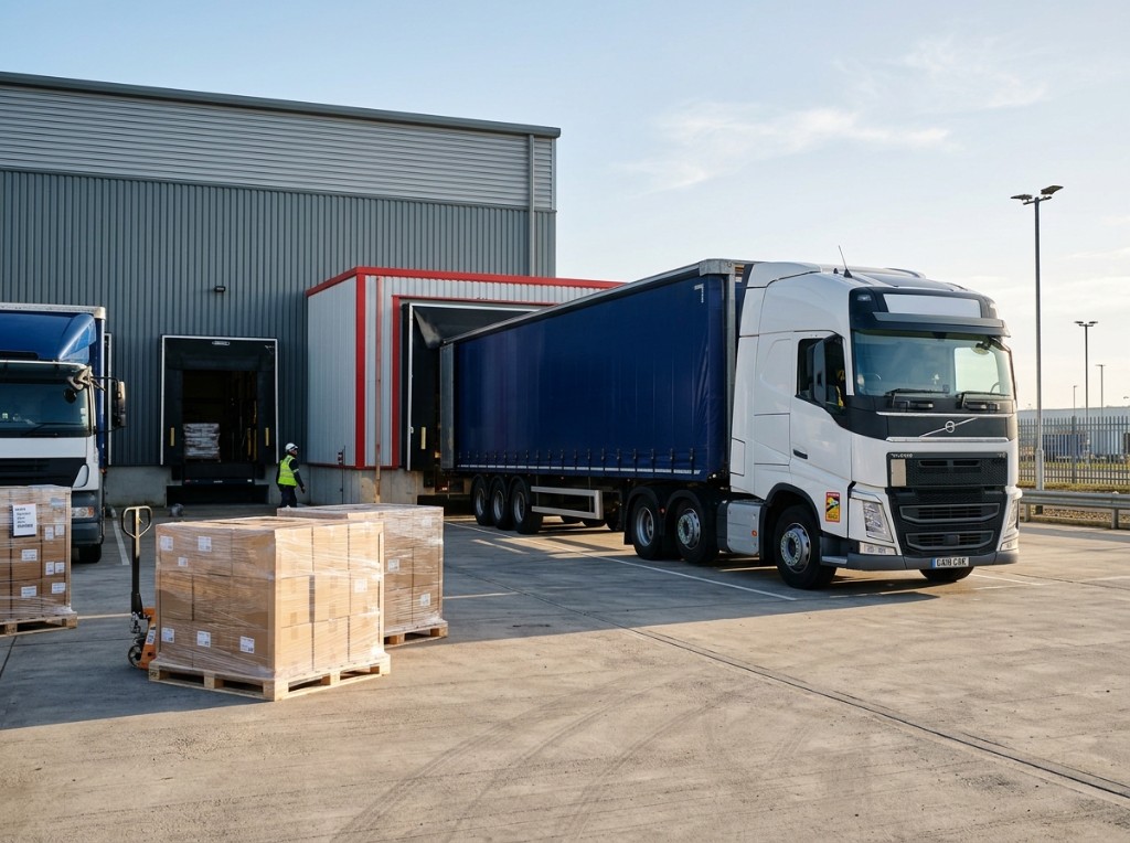 A curtain-side lorry at a warehouse loading bay