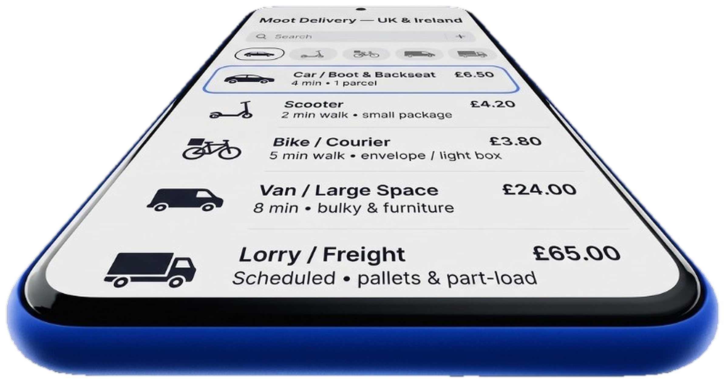 Moot app showing car, scooter, bike, van and lorry delivery options