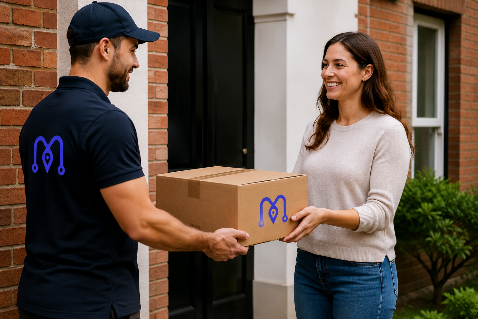 A Moot driver handing a parcel to the recipient